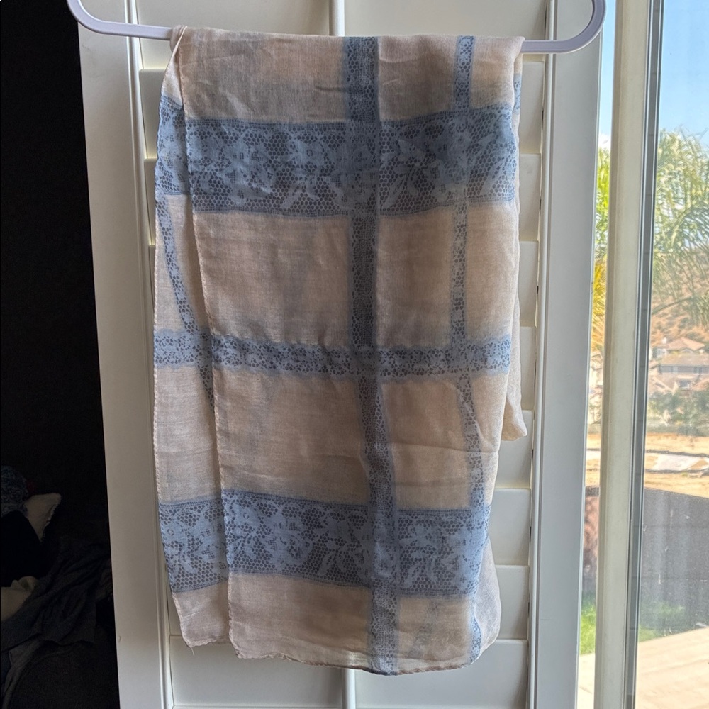 Lightweight Beige Scarf with Blue Lace-Pattern Stripes